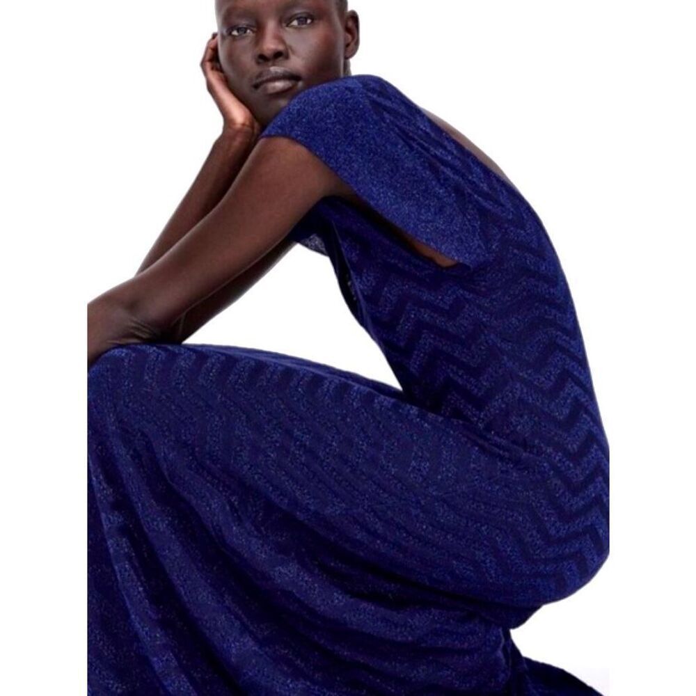 NEW Zara Dark Blue Pointelle Dress with Metallic Thread Knit Maxi Dress Women’s